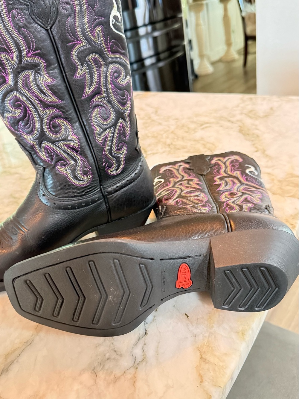 Justin Boots Black Leather Heeled Cowgirl Boots with Pink & Purple Stitching